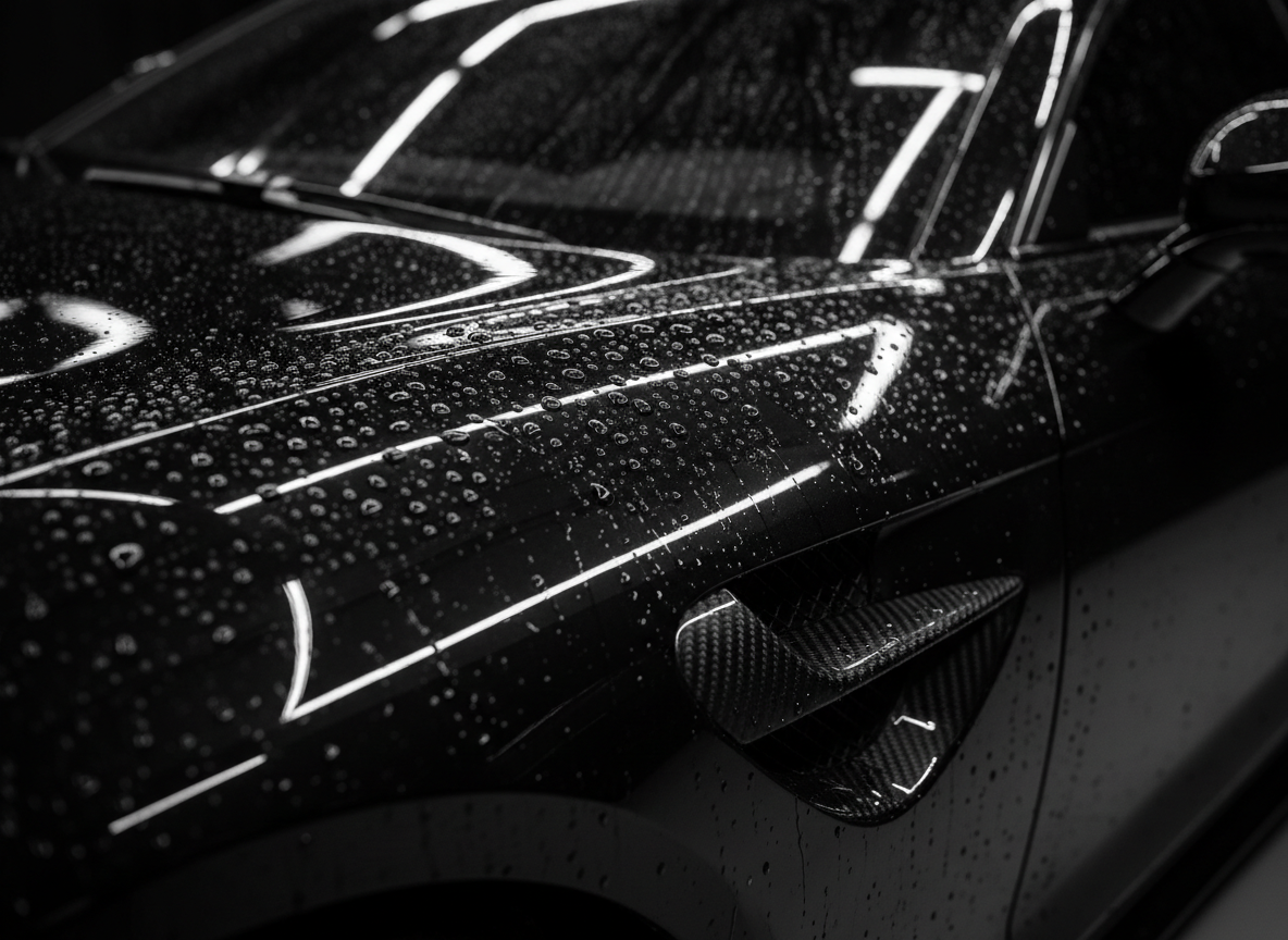 Close-up of a glossy black luxury car body with water beading on a freshly ceramic-coated surface, dramatic studio lighting, deep reflections, premium automotive detailing aesthetic, high contrast, cinematic, professional photography