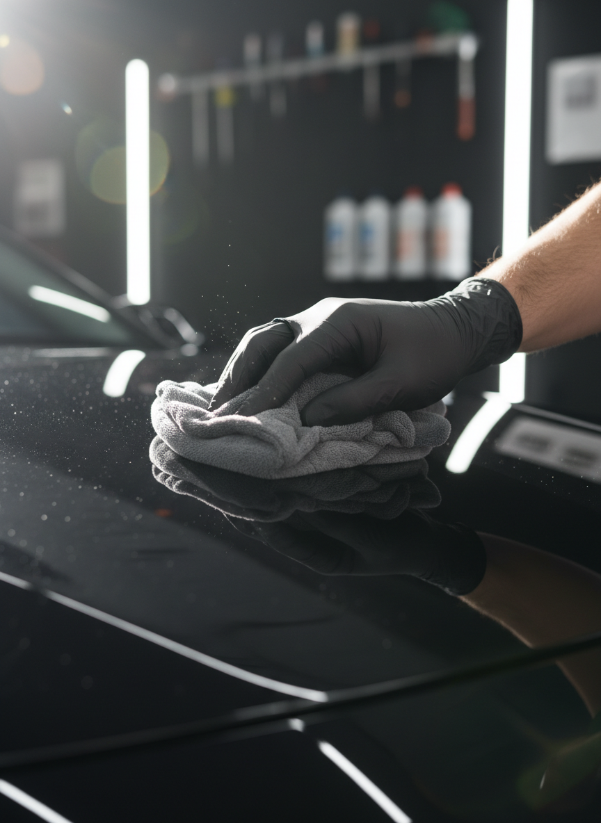 Professional auto detailer's gloved hand buffing a shining black car hood with a microfiber pad, close-up, natural light reflecting off the polished paint, sophisticated premium detailing scene, high detail